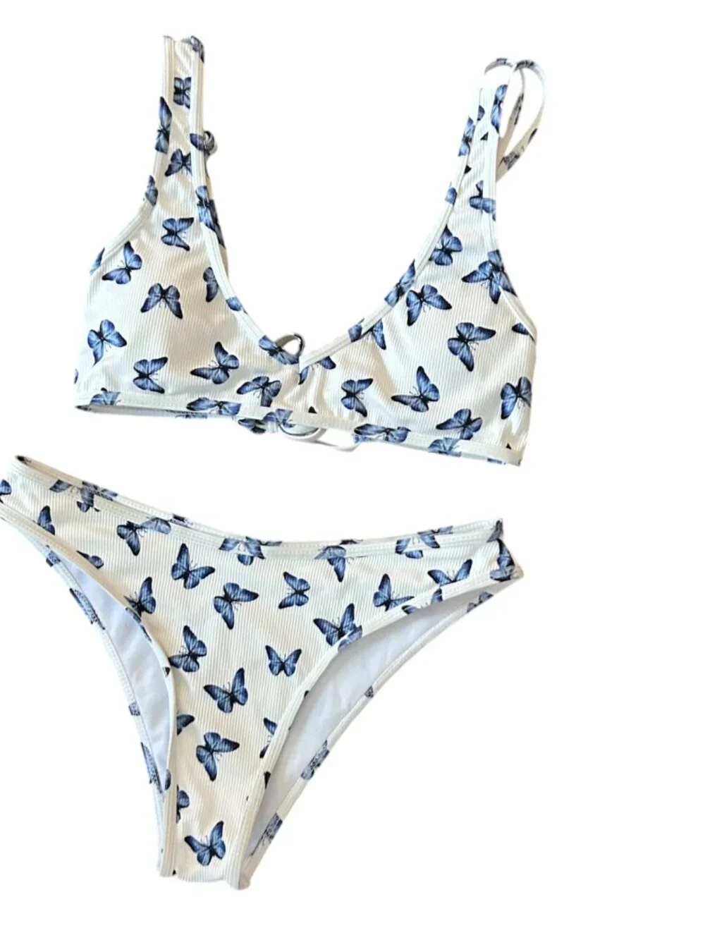 Blue Butterfly Print Matching Bikini Set Size Small Ribbed High-cut Bottoms